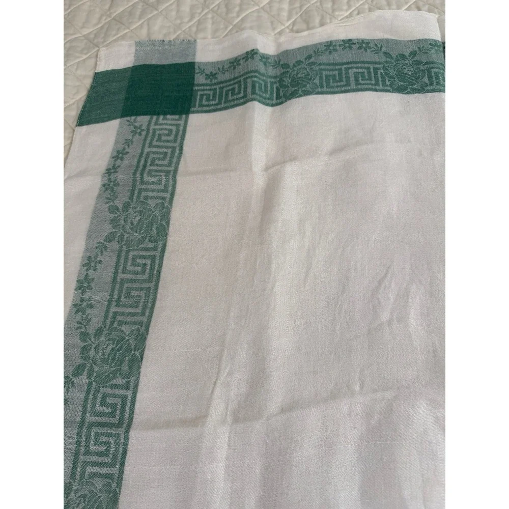 Vintage Linen Damask Tablecloth 32x32 Green Greek Key Floral Border